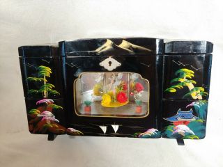 Vintage Japanese Black Lacquer Jewelry Music Box Ballerina With Lighted Diorama