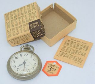 Westclox Scotty Vintage Pocket Watch Made In Usa With Orig Box,  Paper & Tag