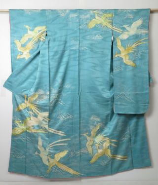 1023s02z900 Vintage Japanese Kimono Silk Furisode Light Blue Phoenix
