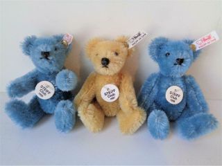 (3) 1999 Steiff Club Miniature Teddy Bears Blue Beige Mohair Antique Replicas