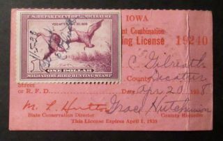 Rw5 - 1938 Federal Duck Stamp On Iowa Hunting License