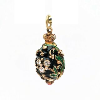 Vintage Black & Green Enamel Egg Pendant/charm With Clear Crystals And Crown Top