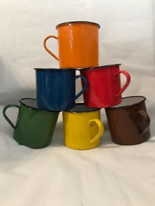 Vintage Set Of 6 Multi Color Enamel Ware Mugs Cups