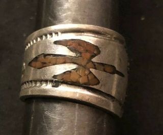 Vintage Zuni Native American Indian Ss Crushed Inlay Coral Ring Size 8 Eagle