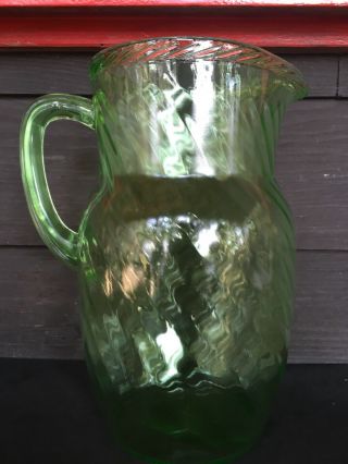 Vintage Depression Glass Green Swirl Water Pitcher 8.  5 Inches Tall