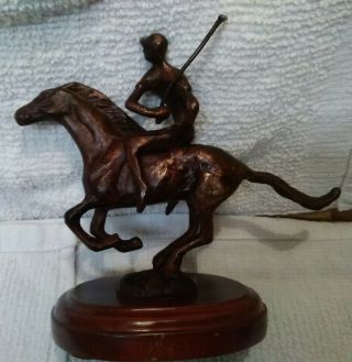 Rare Vtg Kim.  B Bernard 1980s Bronze Polo Player On Horse Sculpture On Wood Base