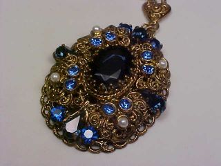 Ornate Vintage Signed W.  Germany Goldtone & Blue Rhinestone/faux Pearl Necklace