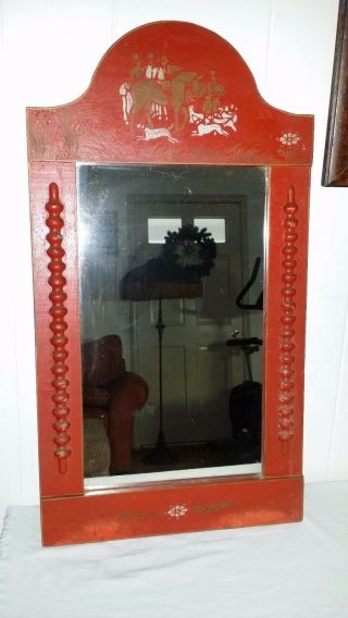 Vintage Tole Painted Red Hanging Wall Mirror With Hunt Scene Horses Dogs Hounds