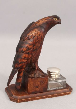 Antique Hand Carved Wood,  Coopers Hawk,  Falconry Sculpture & Inkwell,  Nr