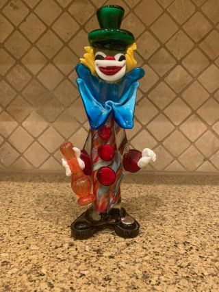 Vintage Murano Art Glass Clown Figurine W/ Green Hat And Bow Holding Vase