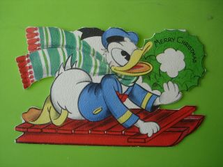 Vtg.  Hallmark Christmas Card - Donald Duck On Sled - 1943 - Walt Disney Productions