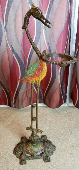 Antique Art Deco Cast Iron Crane Heron Pedistal Ashtray Smoking Stand