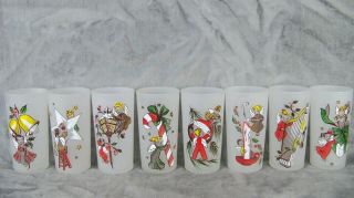 Set Of 8 Frosted Federal Christmas Angels Glasses,  Tumblers,  Vintage,