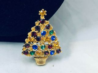 Vtg.  Eisenberg Ice Multi - Colored Rhinestone Gold Tone Christmas Tree Brooch