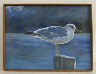 Hank Pugh Signed Vintage 1979 Pnw Perched Seagull Orig Oil Painting Framed 18x24