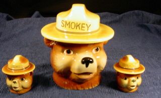 Rare Norcrest Smokey The Bear Vintage Cookie Jar And Salt & Pepper Shaker Set