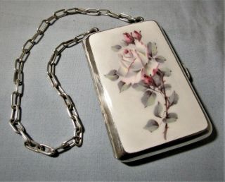 Art Deco Period Silver Plated & Floral Enamelled Ladies Cigarette Case & Chain