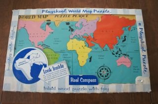 Vintage Playskool Inlaid Wood World Map Puzzle With Compass No.  780
