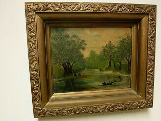 Antique Oil On Board Painting Hudson River Style 12 X 14 Frame And Back