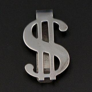Vtg Sterling Silver - Antique 1940s Dollar Sign Symbol Money Clip - 9g