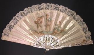 Fine Antique Victorian Hand Carved Mother Of Pearl Figural Scene Lace Fan