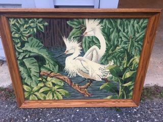 Vintage 50s 60s Paint By Number Painting Framed White Birds Heron Egrets