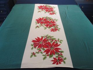 Christmas Tablecloth Vintage Poinsettias Center Green Sides Holiday 48 " X 50 "