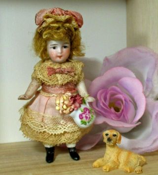 Lovely 3 1/2 " Little All Bisque Antique German Doll & Puppy