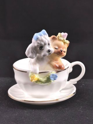 Adorable Vintage Napcoware Bone China Teacup With Puppy Kitten Dog Cat Figurine