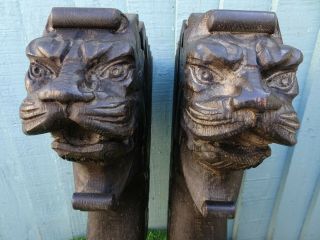Stunning Pair: 19thc Gothic Wooden Oak Corbels With Lion Head Carvings C1880s