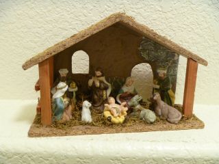 Vintage Nativity Set 9 Pc Ceramic Figurines,  Wooden Stable Christmas Scene Jesus