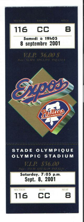 2001 Montreal Expos Mlb Baseball Full Ticket Vs Phillies Jimmy Rollins Hr 9 - 8