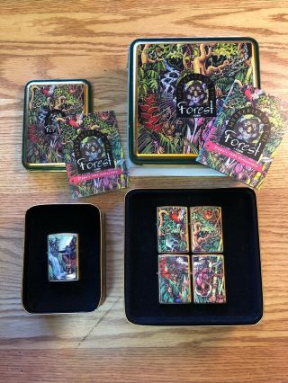 Mysteries Of The Forest 4 Zippo Lighter Set Plus Jaguar & Cub In Tins Stickers