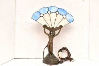 Vtg Art Deco Tiffany Style Nymph Nude Lady Table Lamp Stained Glass Fan Light.