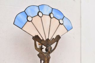 VTG Art Deco Tiffany Style Nymph Nude Lady table Lamp Stained Glass Fan light. 2