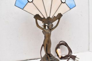 VTG Art Deco Tiffany Style Nymph Nude Lady table Lamp Stained Glass Fan light. 3