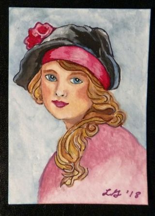 Aceo Painting Vintage Girl Watercolor And Ink