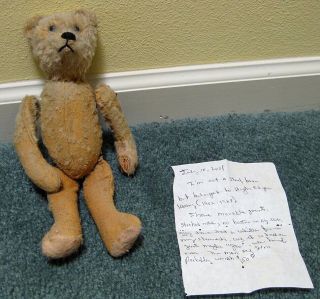 Antique Beige Mohair Straw - Filled Jointed Teddy Bear With Glass Eyes Circa 1910