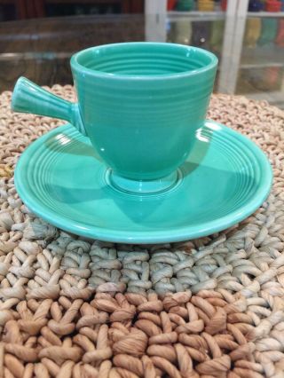 Vintage Fiesta Ware Pottery Early Demitasse Stick Handle Cup & Saucer Green