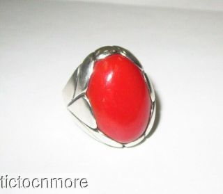 Vintage Navajo Indian Signed Sb Begay Silver Oval Red Coral Ring Mens