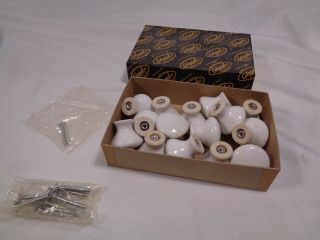 Vtg White Porcelain Ceramic Mushroom Drawer Cabinet Knobs Pulls 15 Pc Hardware