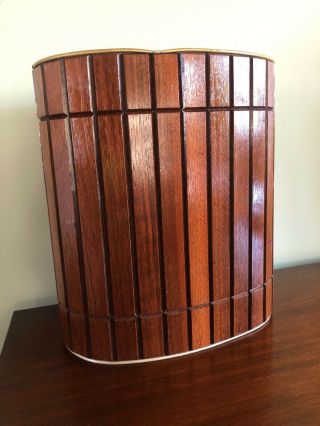 Vintage Mcm Walnut Wooden Trash Can Waste Basket Oval Wood Aluminum Groove Wood