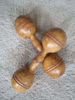 Vintage Wooden Dumbbells Hand Weights 1lb Exercise Sports Gym - Matched Pair