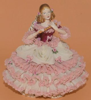 Vintage German Keilhauer Dresden Lace Figurine 6 " Lady W/flute