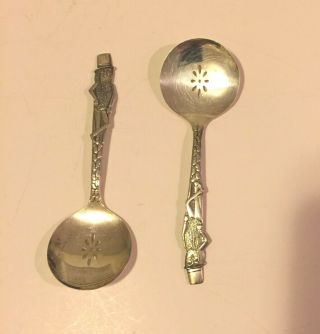 Two Vintage Planters Mr.  Peanut Slotted Nut Serving Spoons - - Silver Plated