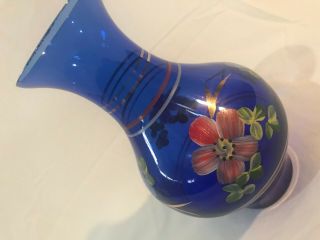 8.  5 " Vintage Cobalt Blue Flower Vase Hand Painted Floral Glass Gold Trim