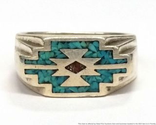 Massive Mens Vintage Sterling Silver Turquoise Coral Mosaic Inlay Signed Ring