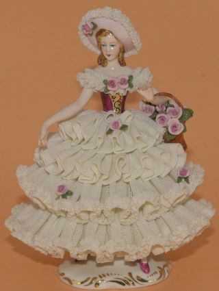 Vintage German Keilhauer Dresden Lace Figurine 6 " Lady W/rose Basket
