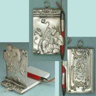 Antique Silver Chatelaine Aide - Memoir/notebook W/ Cyclamen Design Circa 1890s