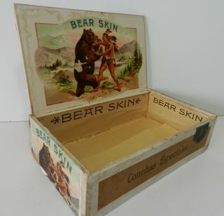 Antique Wood Cigar Box Bear Skin 1883 Factory 6 York Indian Fighting Bear